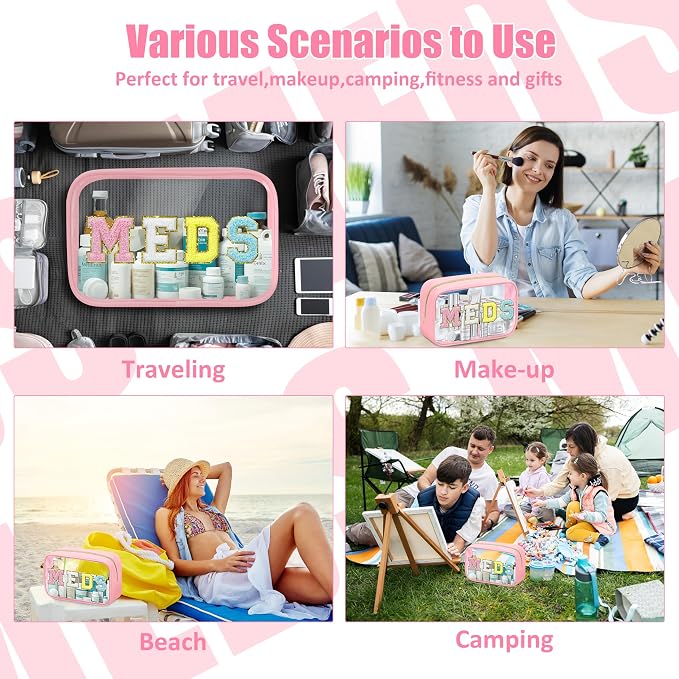 BuyCard Clear Meds Chenille Letter Nylon Makeup Bag - Portable Preppy Patch Cosmetic Toiletry Travel Storage Medicine Bag With Zipper for Women Girls Pink