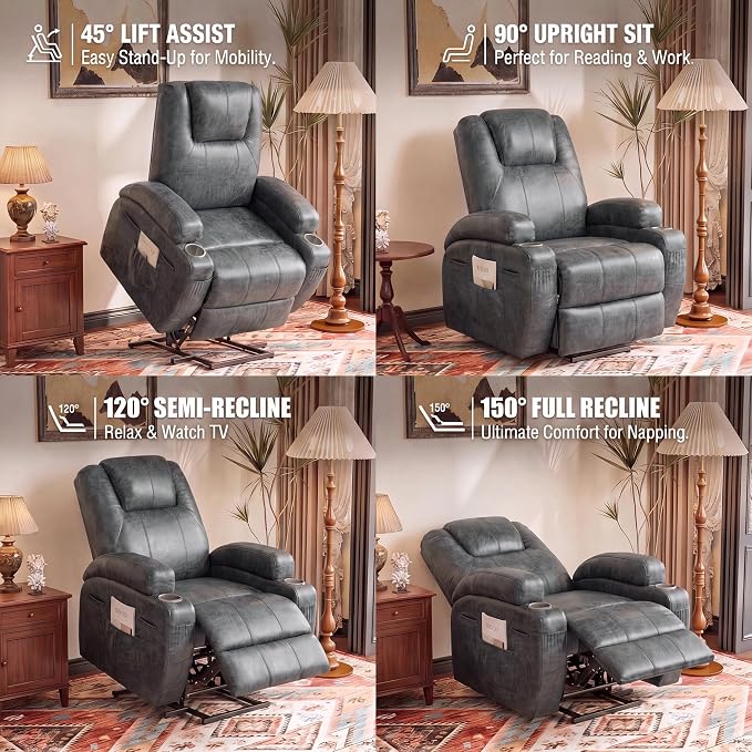 Flamaker Power Lift Recliner Chair Electric Lift Recliner for Elderly | Power Lift Recliner Chair with Cup Holders Side Pockets for Living Room (Leathaire, Light Black)