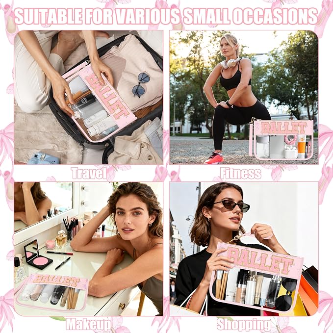 BuyCard Ballet Gifts Cosmetic Makeup Bag with Chenille Letter Patch, Clear Pouch PVC Organizer Purse, Waterproof Travel Bag, Portable Toiletry Storage Bags for Her Girls Friends Women