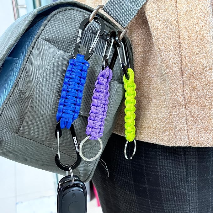 BRAVESHINE Paracord Keychain Carabiner Clip | D Ring Hanger Lanyard Hook | 7.3inch Long | for Stroller, Water Bottle, Key, Backpacks, Men, Women, Luggage, Car Seat Headrest, Fence, Bag Charms