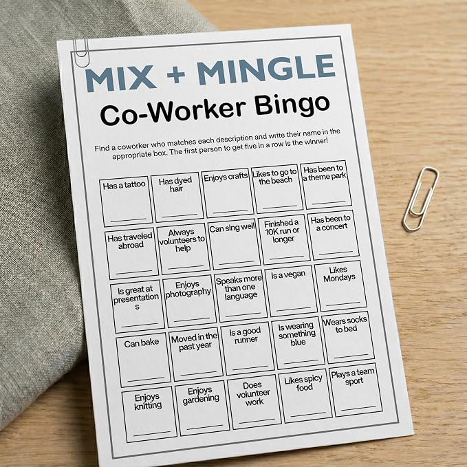 Office Bingo Cards, 25 Unique Randomized 5x7 Sheets, Get to Know You Bingo Game for Adults, Ice Breaker Office Party Games, Team Building Games for Work, High Replay Value - A02