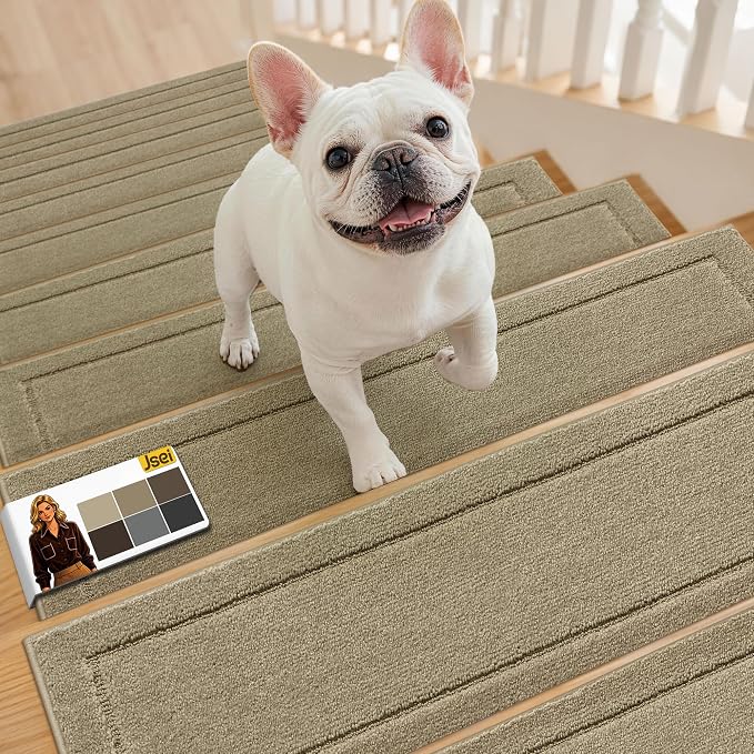 JSEI Stair Treads for Wooden Steps Indoor, 15-Pack, 30" x 8", Beige | Non Slip Stair Treads, Washable Polyester Stair Mats with TPE Backing, Low Profile Stair Rugs for Kids, Seniors and Dogs