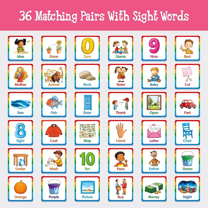 Hebayy Memory Matching Game, 72 PCS Sight Words Matching Cards for Kids, 36 Pairs Memory Cards, Educational Toy for Children to Learn Sight Words 5+ Years Old