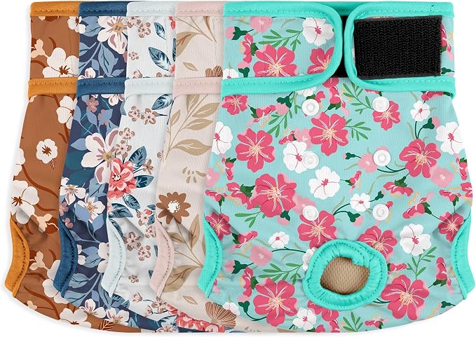 Female Dog Diapers 5Pcs - Premium Reusable Diapers for Doggie in Heat - Highly Absorbent Dog Diapers Female for Pet Incontinence with Adjustable Snaps, Breenish Lily Flower, S