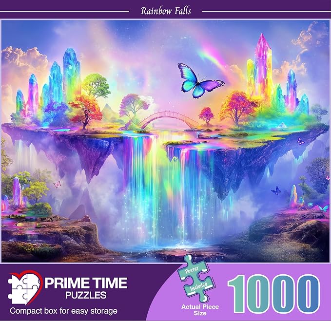 Adult Jigsaw Puzzle Fantasy Butterfly Rainbow | 1000-piece challenging puzzle of a magical crystal waterfall landscape - Suitable for a table, puzzleboard, or floor.