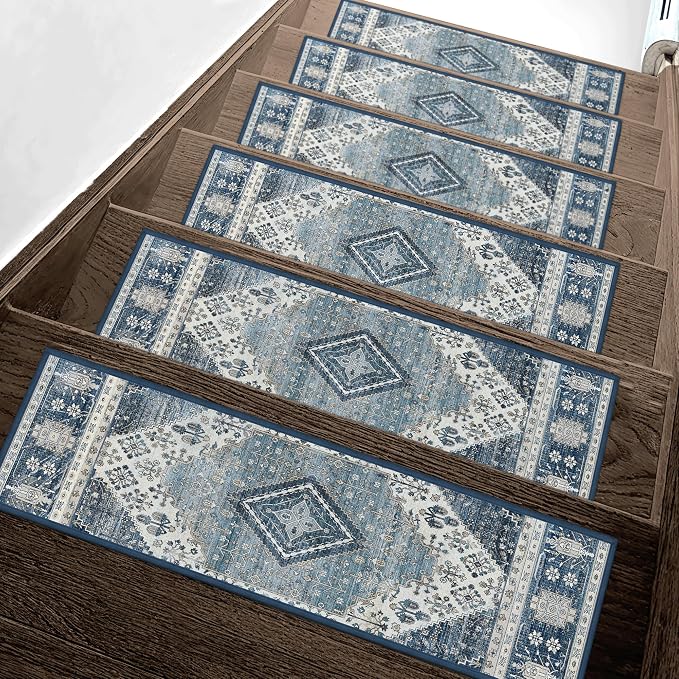 sarben 8"x30" Non Slip Stair Treads for Wooden Steps 15 Pack, Blue Ivory | Peel and Stick Carpet Stair Runner with TPE Adhesive Backing, Carpet for Added Safety, Pet and Senior Friendly