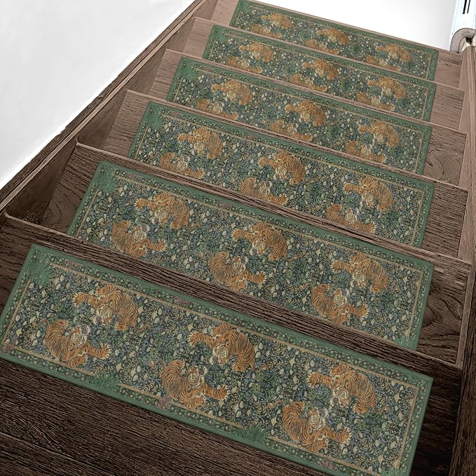 SARBEN 8"x30" Non Slip Stair Treads for Wooden Steps 15 Pack, Green Tiger | Peel and Stick Carpet Stair Runner with TPE Adhesive Backing, Carpet for Added Safety, Pet and Senior Friendly