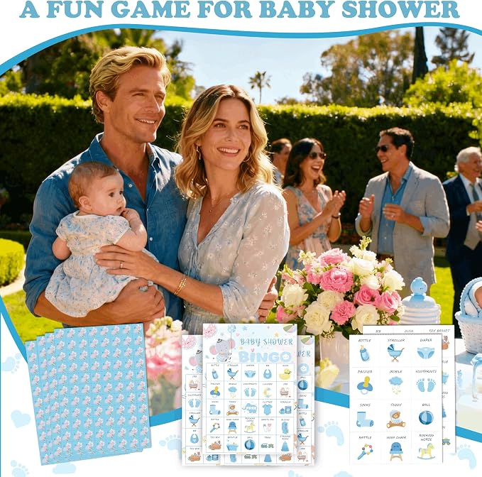 Baby Shower Bingo Game Cards Set for Guests Adults, Blue Elephant Baby Shower Party Bingo Game Gender Reveal Bingo Game for Family Friends Large Group Activity, Favors Supplies Decorations