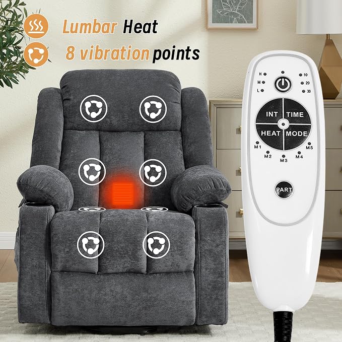 Power Lift Recliner for Elderly,Electric Recliner Chair with Massage & Heating for Adults, USB Charging, Cup Holders, Side Pocket, Living Room Sofa L1288 (Dark Grey)