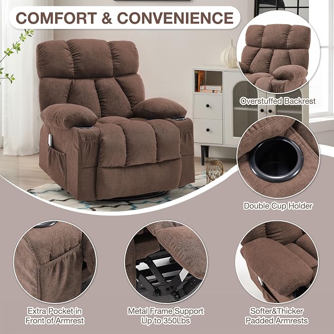 Oversized Massage Swivel Rocker Recliner Chair with Heat and Vibration Rocking Lounge Chair for Living Room Comfy Overstuffed Recliner with 4 Side Pockets,2 Cup Holders, USB Charge Port, Brown