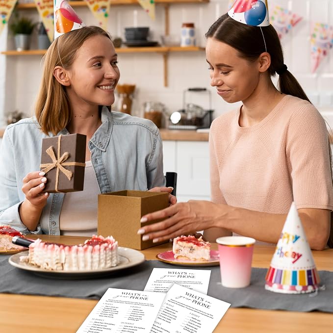 Birthday Party Game for Adults – “What’s on Your Phone?” Paper Game Cards, 25 Icebreaker Sheets for Adult Birthday Celebrations & Social Parties - A07