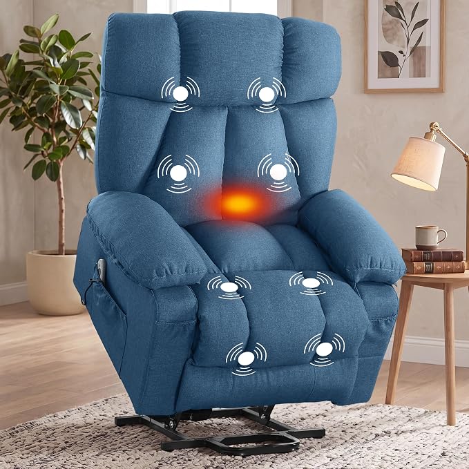 Oversized Power Lift Recliner Chair for Elderly, Big and Tall Lift Chair with Massage and Heat for Living Room, Fabric Electric Recliner Chairs with Side Pocket, USB Charge Port Blue