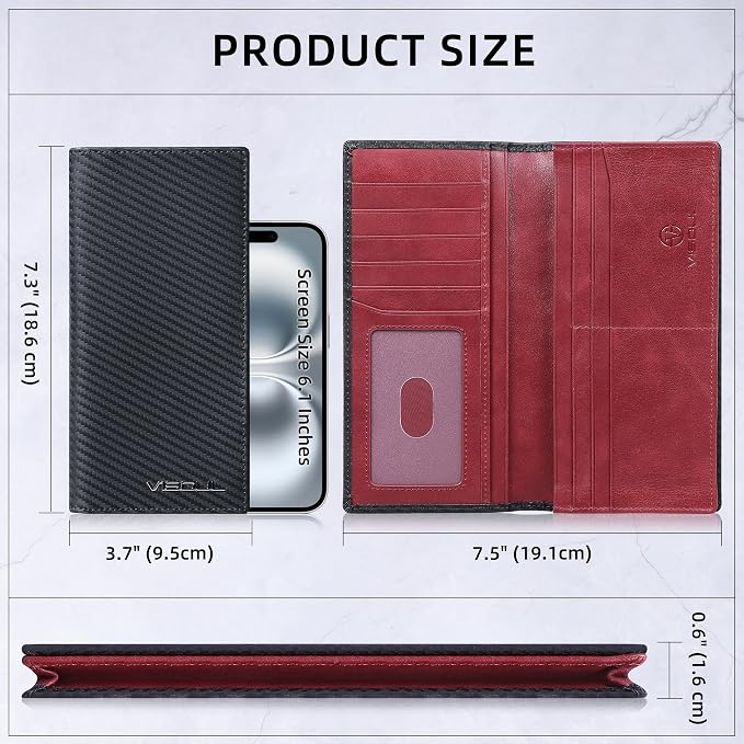 VISOUL Leather Checkbook Cover Wallet for Men with RFID Blocking, Mens Long Bifold Cash Tall Wallet with 11 Credit Card Slots 1 ID Window (Black+Burgundy)