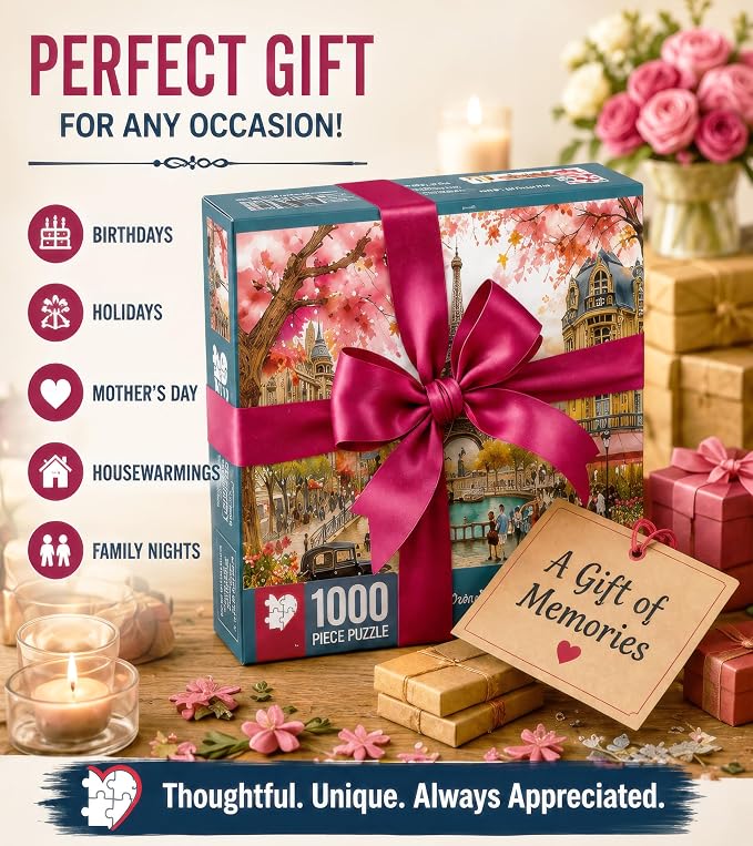 Adult Jigsaw Puzzle 1000 Piece Paris Romance | Features a whimsical Eiffel Tower spring scene. 20x27 inches. Great for game nights on a table, puzzleboard, or floor.
