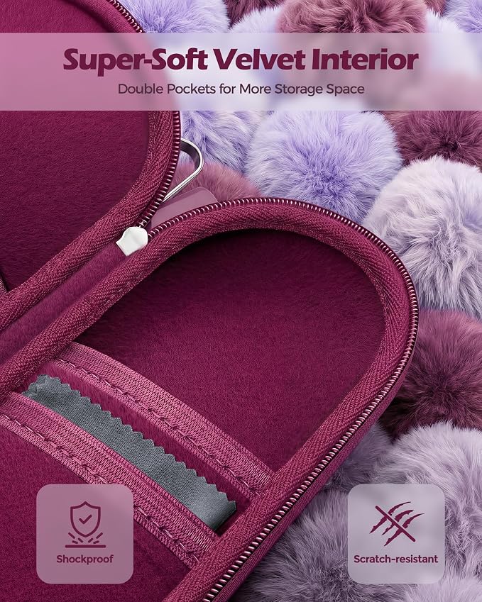 ProCase Hard Double Sunglasses Glasses Case for Men Women -Raspberry | Hard EVA Shell Shockproof Dual Eyeglass Case with Metal Hook Velvet Lining, Travel Zipper Organizer for Couple Gifts