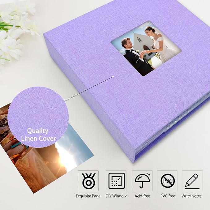 4x6 Photo Album Holds 240 Photos with Writing Space, Linen Cover Picture Book with Front Window for Family Wedding Baby Travel & Graduation Memories, Purple