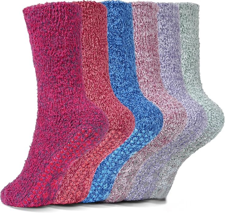 HUGSWEET 6 Pairs Thick Fuzzy Socks with Grip Cozy Non Slip Hospital Socks Home Fluffy Warm Slipper Socks Gifts for Women
