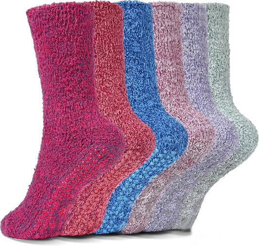 HUGSWEET 6 Pairs Thick Fuzzy Socks with Grip Cozy Non Slip Hospital Socks Home Fluffy Warm Slipper Socks Gifts for Women