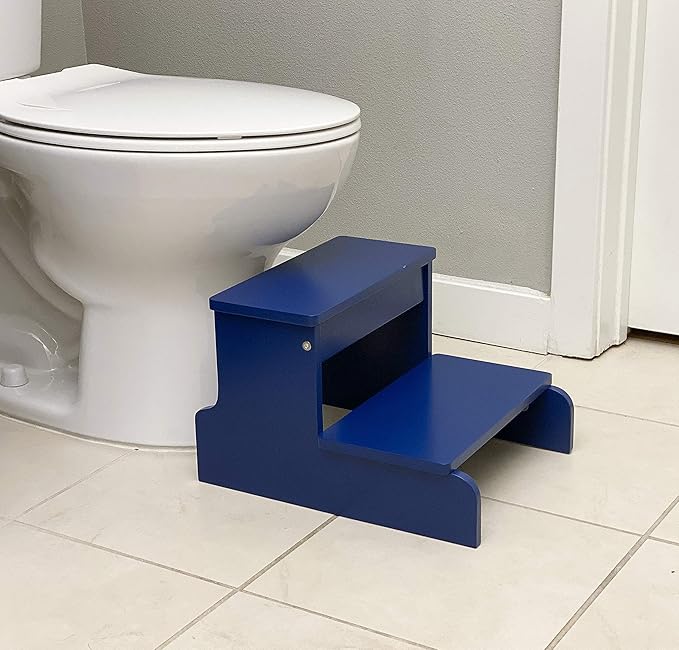 BIRDROCK HOME Wooden Step Stool - Navy Blue – Decorative - Strong Sturdy Wood 2 Steps - Step Helper for Kitchen Sink – Bathroom Toilet Stepping – Lightweight Construction
