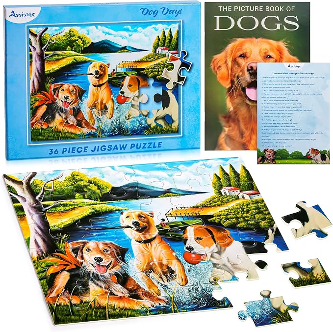 Assistex Large Piece Jigsaw Puzzle for Seniors with Dementia with Conversation Prompts, Large Piece Memory Game for Adults, Elderly, and Dementia Patients – Dogs Puzzle, 36 pcs
