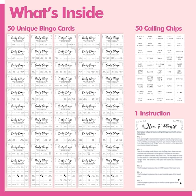 Baby Shower Bingo Game, 50 Bingo Cards Perforated Calling Cards Bingo Games for Baby Shower, Bridal Wedding Shower (White)