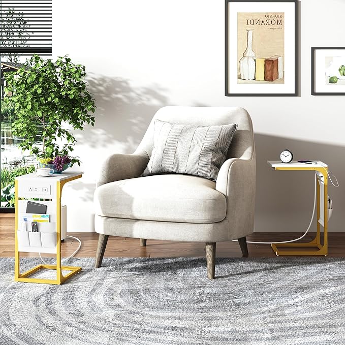 TUTOTAK C Shaped End Table with Charging Station, Side Table for Sofa | Couch Table with Storage Bag, TV Tray with 2 USB Ports and Outlets, Set of 2, Living Room and Bedroom, TB01BWG0242