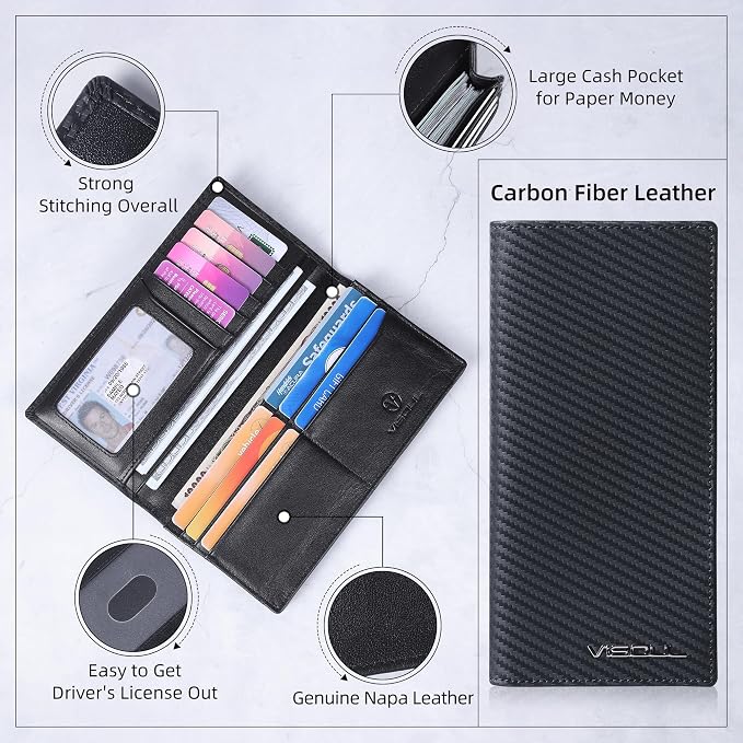 VISOUL Leather Checkbook Cover Wallet for Men with RFID Blocking, Mens Long Bifold Cash Tall Wallet with 11 Credit Card Slots 1 ID Window (Black+Black)