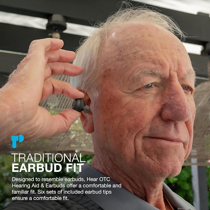 JLab Hear OTC Hearing Aid & Earbuds, Graphite, Traditional Earbud Fit, Four Preset Hearing Modes, in-Ear Detection and Built-in Feedback Suppression, Independent Volume Control and Touch Controls