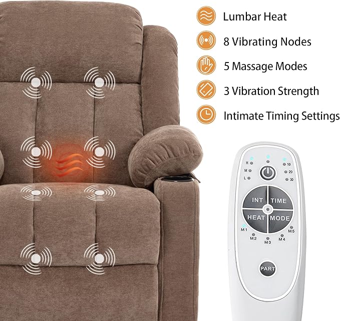 Power Lift Recliner Chair for Elderly with Massage and Heat, Recliner Chairs for Adults, Upgraded Fabric Reclining Sofa Chair with USB & Type-C Ports, L1288 (Coffee Brown)