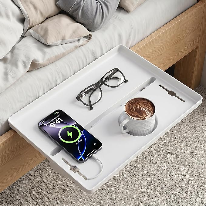 JOYMOOP Clip-On Bedside Shelf for Bunk Beds, Dorm Room Essentials, Bedside Caddy, No-Tool Install Bed Side Table Storage for Loft, Platform Beds, Nightstand Caddy for Phone, Glasses, Book (White)