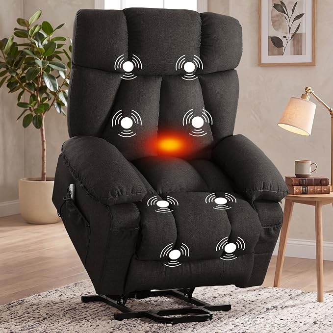 Power Lift Recliner Chair for Elderly, Big and Tall Lift Chair with Massage and Heat for Living Room, Fabric Electric Recliner Chairs with 4 Side Pockets, USB Charge Port,Black