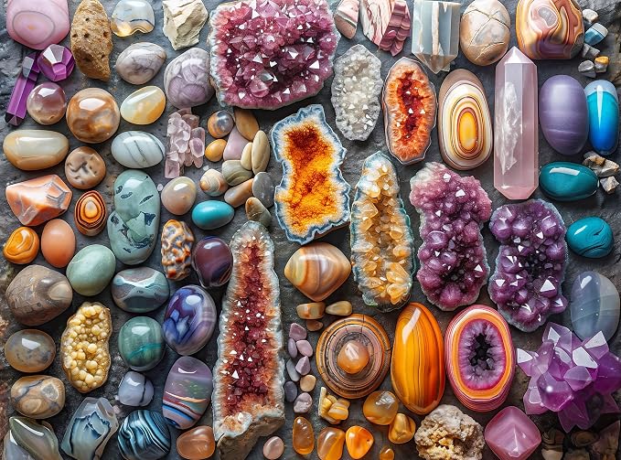 Adult Jigsaw Puzzle 1000 Piece Healing Stones | Features colorful crystals and chakra healing stones. Challenging. Great for game nights on a table, puzzleboard, or floor.