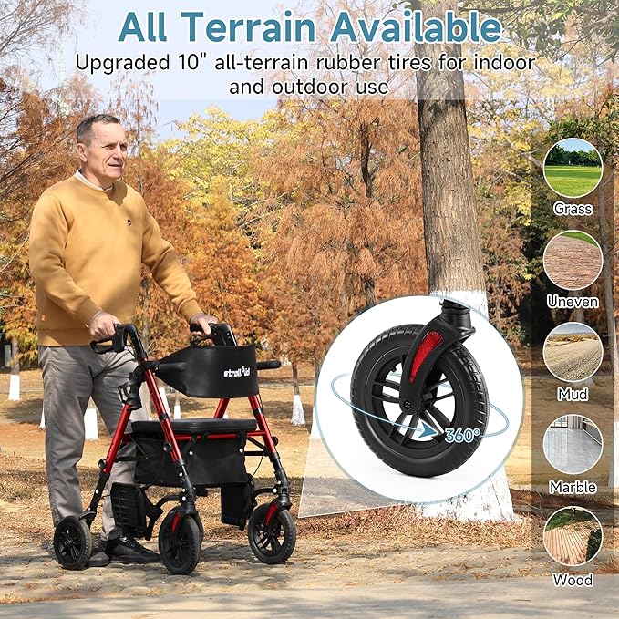 Walkers for Seniors, 2 in 1 Rollator Wheelchairs Combo 10" Big Wheels Walker with Seat, Rollator Transport Chair with Brakes Folding Rolling Walker for Adults, Red