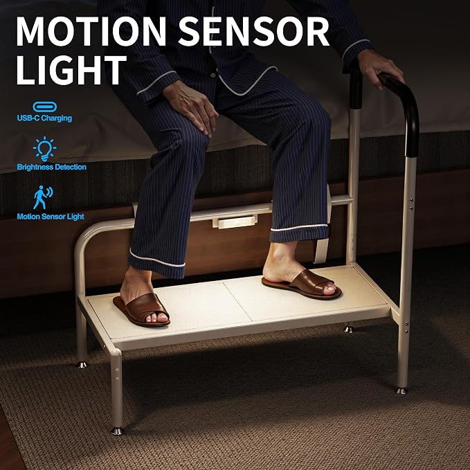 Bed Step Stool for Adults, Bedside Steps for Elderly Seniors with Non-Slip Handle & LED Light, Stable Assist Rail for High Beds with Storage Bag