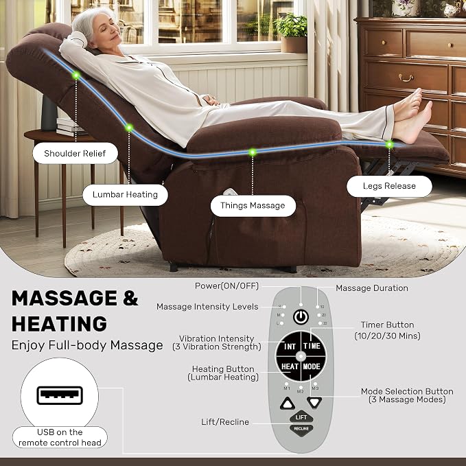 Power Lift Recliner Chair for Elderly, Big and Tall Lift Chair with Massage and Heat for Living Room, Fabric Electric Recliner Chairs with 4 Side Pockets, USB Charge Port,Brown