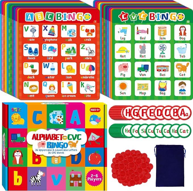 SpriteGru Alphabet & CVC Bingo Game, 12 Bingo Board ABC Letters, CVC Words Phonetic Game, Letters Phonetic Awareness Early Educational Learning Toys - Ages 4 and up, Perfect for Classroom & At Home