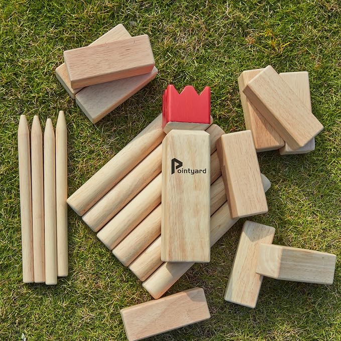 Kubb Yard Game Set Viking Chess Outdoor Hevea Hardwood Toss Game for Adults & Families - with 10 Blocks, 6 Batons, Carrying Bag | Perfect for Backyard Lawn Beach Party BBQ Camping