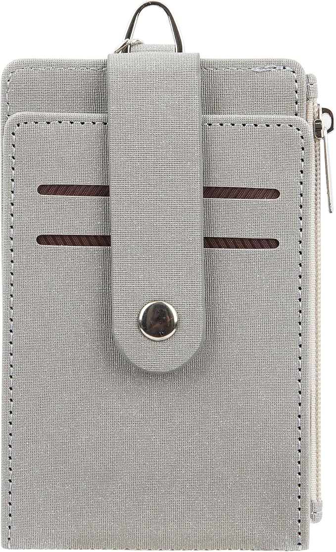 Women & Men Keychain Card Holder Case Zipper Slim Minimalist Front Pocket Wallet with 2 ID Window, Grey