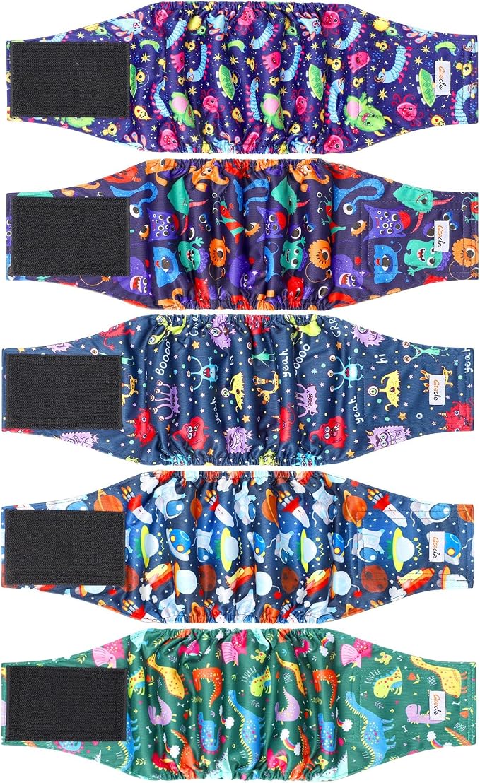5 Pack Dog Diapers Male Reusable, Premium Belly Bands for Dogs, High Absorbing Male Dog Pee Wraps for Doggie in Incontinence or Excitable Urination and Training Cartoon XS