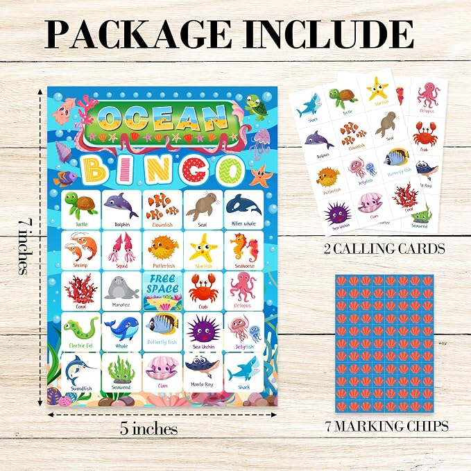 Ocean Bingo Game Cards, Ocean Animals Bingo Games for Adults, Under The Sea Bingo Cards Supplies, Underwater Birthday Party Decor Favors, Card Gifts for Friends Family Holiday, (Ocean)