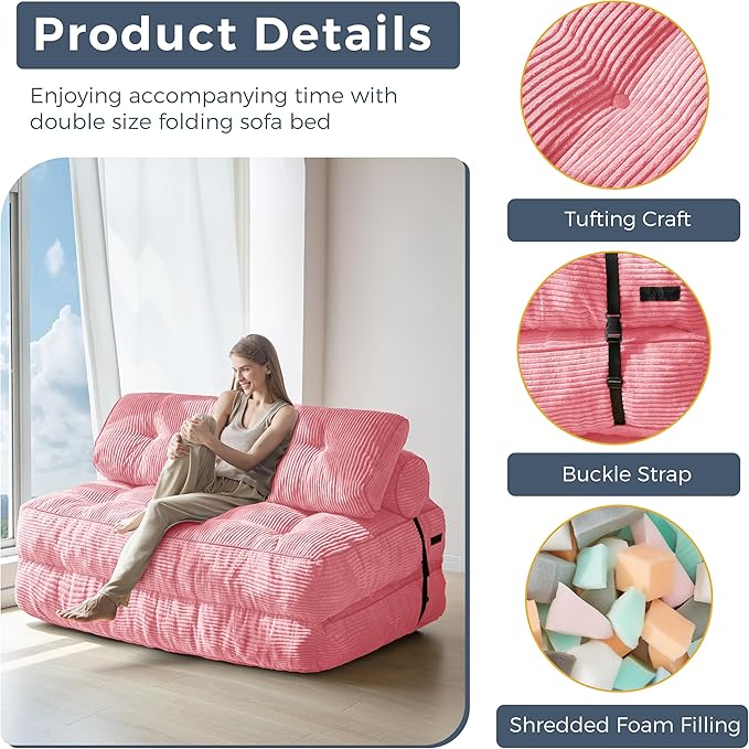 MAXYOYO Folding Sofa Bed, Convertible Sleeper Chair with Pillow Foldable Matress with Back Support, Portable Fold Out Chair Bed Comfy Floor Sofa Lounge for Living Room Bedroom, Pink Double
