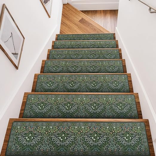 OJIA Non-Slip Stair Runner for Wooden Steps Indoor 15PC 30"x8" Stair Treads | Floral Carpet Stair Treads Stair Mats Staircase Step Treads for Kids, Elders and Dogs, Stair Covers, Green