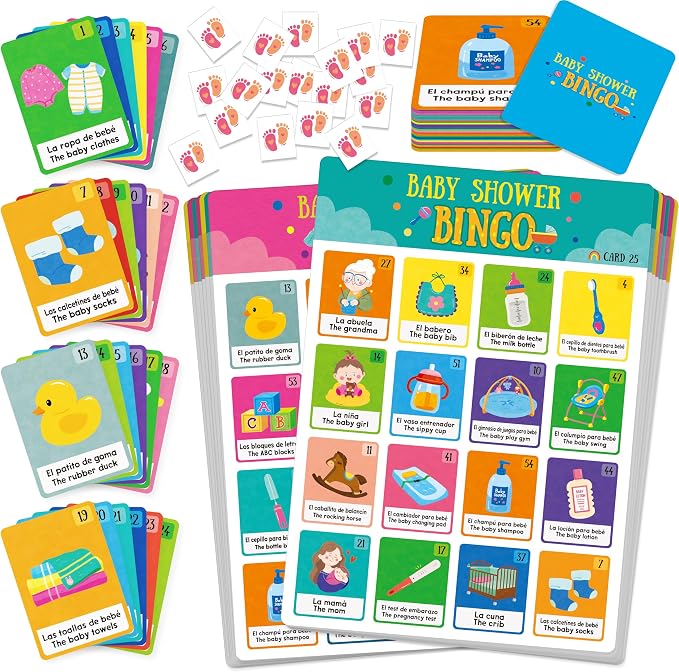Gethelud Baby Shower Bingo Game, 25 Bilingual Spanish & English Bingo Cards for Gender Reveal Party, Baby Shower, Game Favors, Supplies, Decorations for Adults (25 Players)