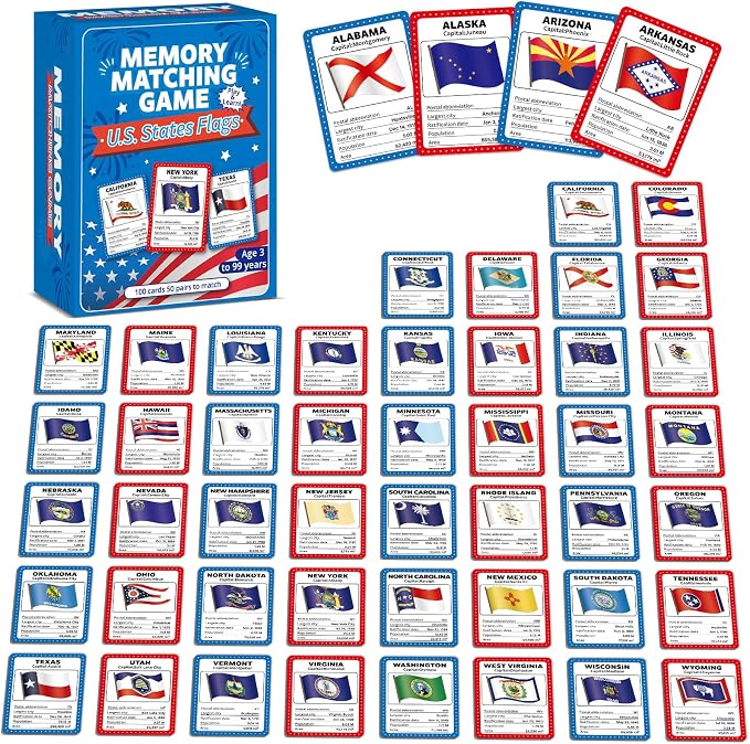 gisgfim 100 PCS Memory Matching Game Flags of U.S. States Concentration Memory Card Educational Cards Games Geography Learn States Capitals Game Gift for Kid Adults Learning Activities Matching Games