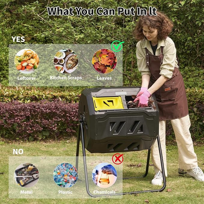 Compost Bin, 43-Gal Dual Chamber Composter Tumbler, Black Yellow | Steel Frame with 2 Sliding Door and Aeration System, 360° Rotating, Tumbling Composting Bin for Kitchen, Garden, Yard