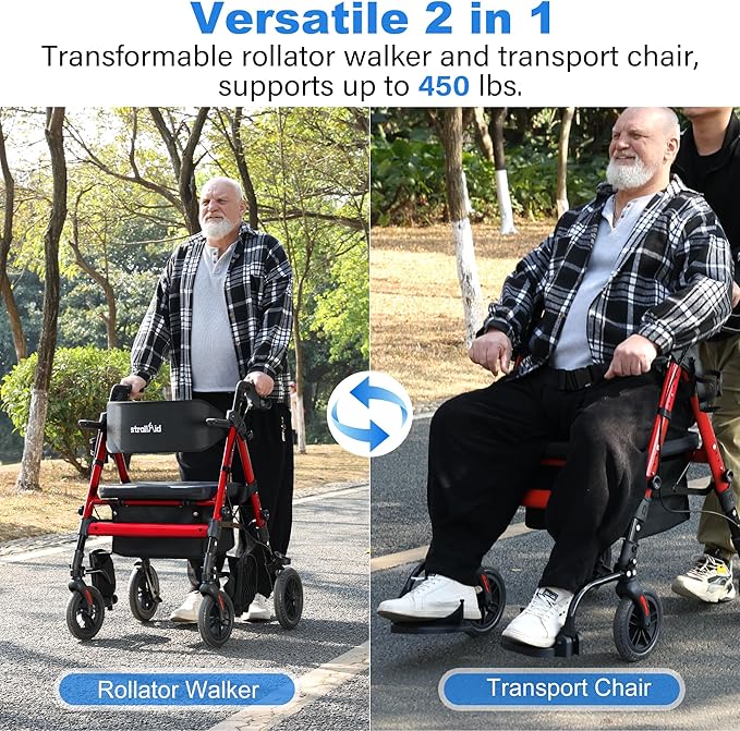 Walkers for Seniors,Heavy Duty Rollator Walker Wheelchair Combo, 2 in 1 Rollator Transport Chair with Brakes, 450 lb Rolling Walker 10" Big Wheels for All Terrain, Red