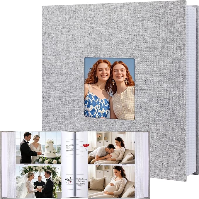 4x6 Photo Album Holds 240 Photos with Writing Space, Linen Cover Picture Book with Front Window for Family Wedding Baby Travel & Graduation Memories, Grey