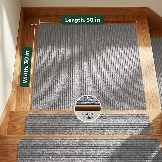 MBIGM Carpet Stair Landing Mat, 1 Pack, 2'6" x 2'6", Light Gray | Polyester carpet surface with PP mesh, nonwoven cushioning, and TPR adhesive backing for indoor stair coverage.