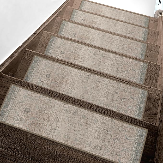 sarben 8"x30" Non Slip Stair Treads for Wooden Steps 15 Pack, Cameo | Peel and Stick Carpet Stair Runner with TPE Adhesive Backing, Carpet for Added Safety, Pet and Senior Friendly