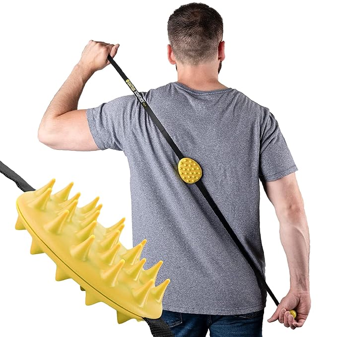 2-Hand Mini Back Scratcher - 2-Sided Back Scratching Tool for Hard-to-Reach Area, Durable 45" Strap w/Ball Handles for Towel Like Operation, Universal Gifts for Men and Women,Yellow